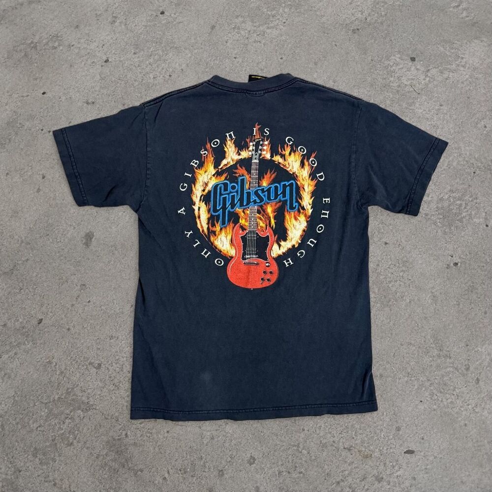 Gibson Guitar Flame Back Hit Black T-Shirt Mens Size Medium